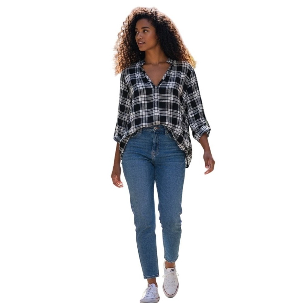 Madewell Womens XS Black‎ White Plaid V-Neck Long Sleeve Pullover Blouse Top